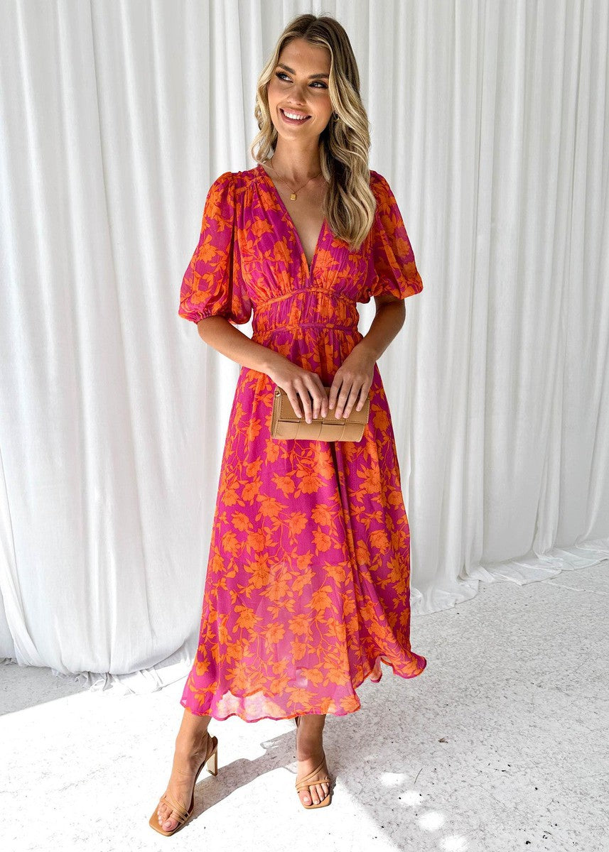 Women's Floral V-Neck Puff Sleeve Dress