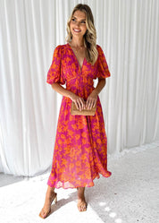 Women's Floral V-Neck Puff Sleeve Dress