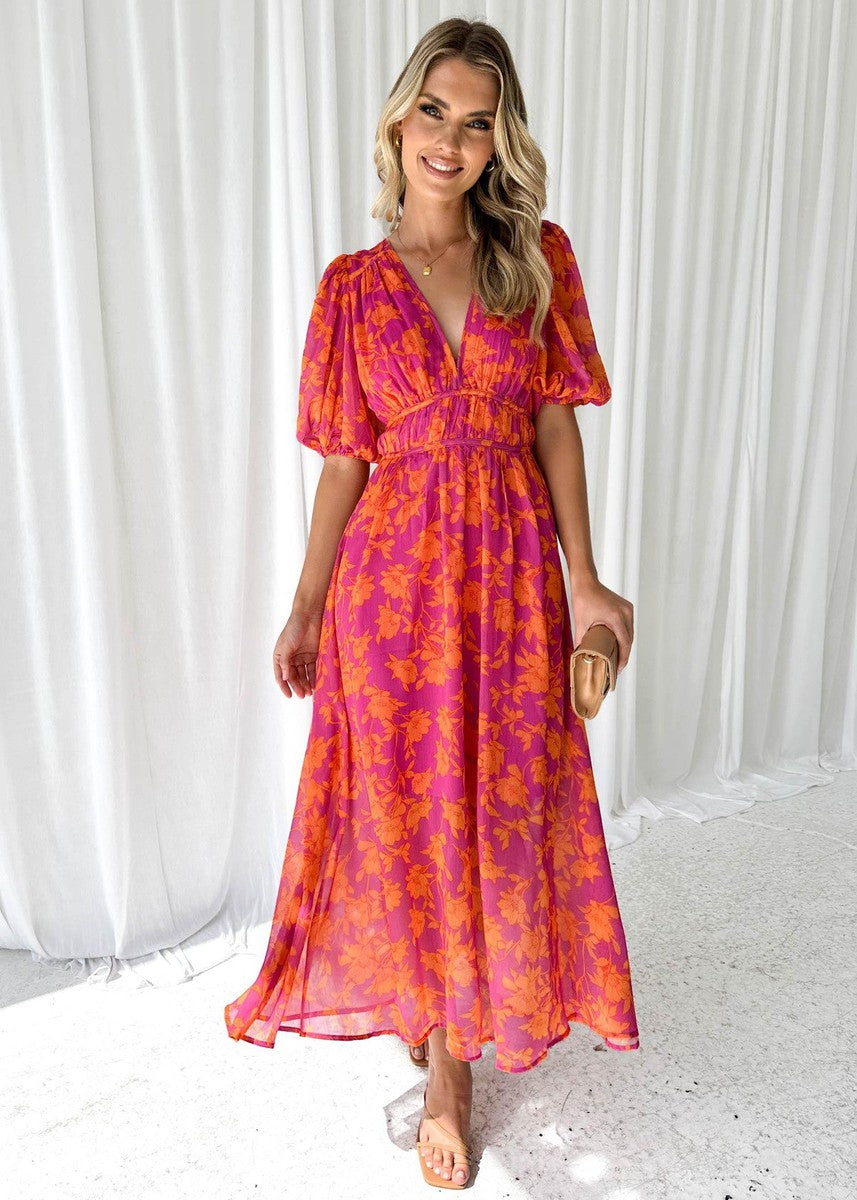 Women's Floral V-Neck Puff Sleeve Dress