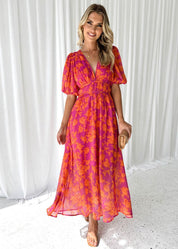Women's Floral V-Neck Puff Sleeve Dress
