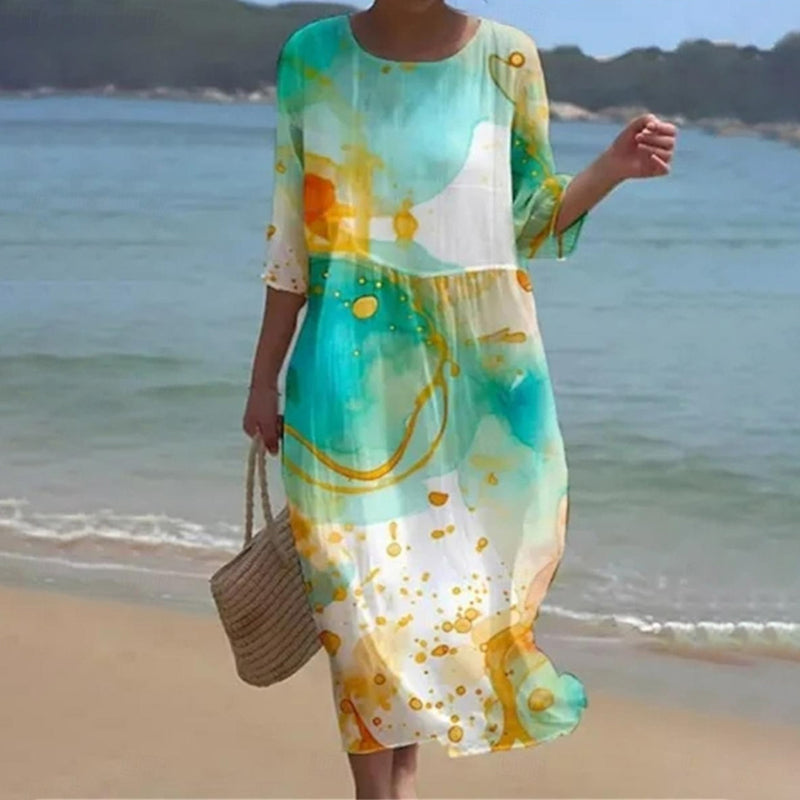 Women's Floral Dress with Round Neck and Three-Quarter Sleeves