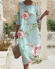 Women's Floral Dress with Round Neck and Three-Quarter Sleeves