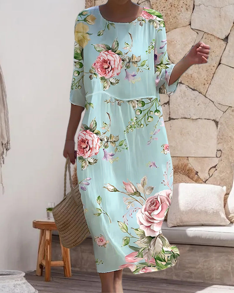 Women's Floral Dress with Round Neck and Three-Quarter Sleeves