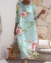 Women's Floral Dress with Round Neck and Three-Quarter Sleeves
