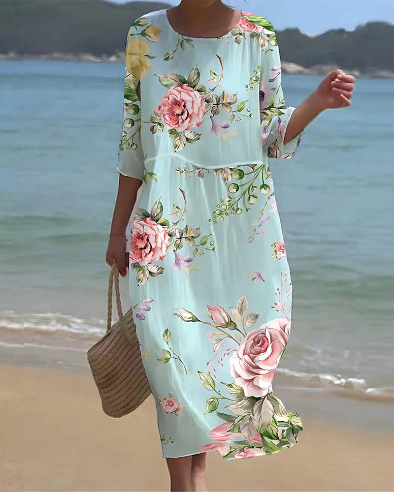 Women's Floral Dress with Round Neck and Three-Quarter Sleeves