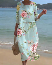Women's Floral Dress with Round Neck and Three-Quarter Sleeves