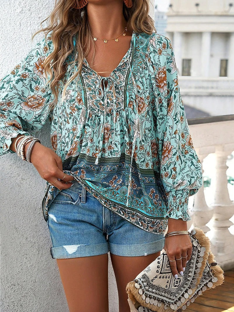 Women's V-Neck Blouse with Long Sleeves