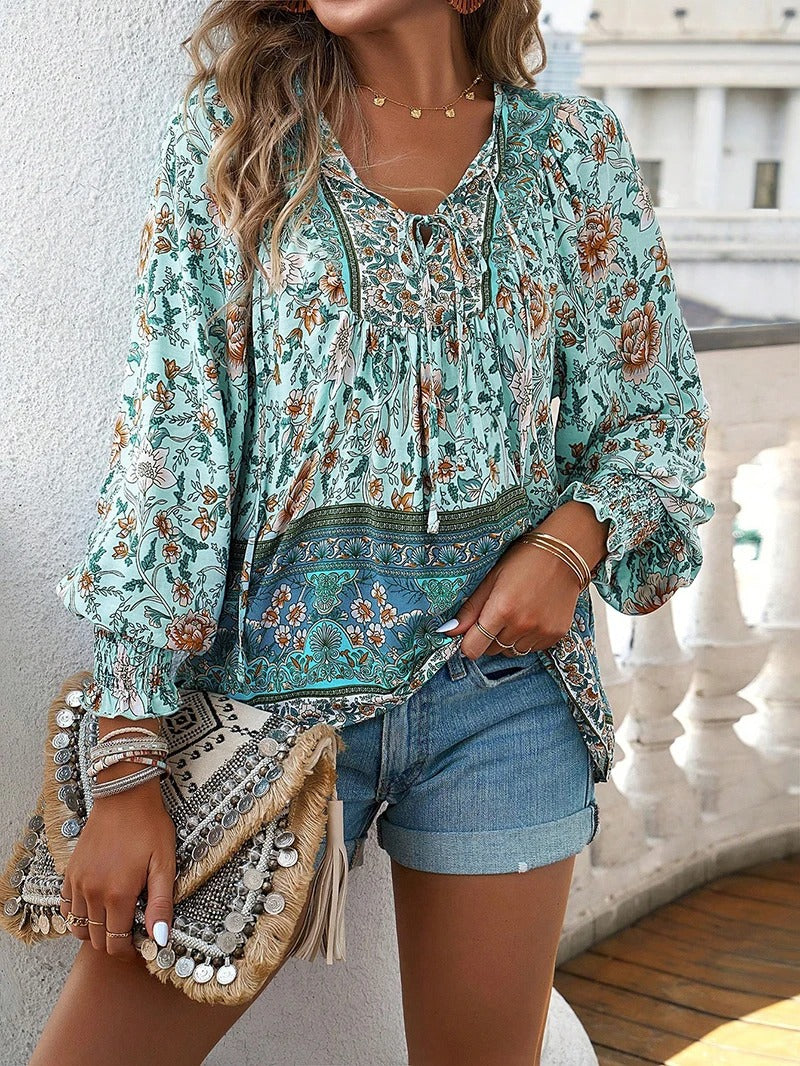 Women's V-Neck Blouse with Long Sleeves