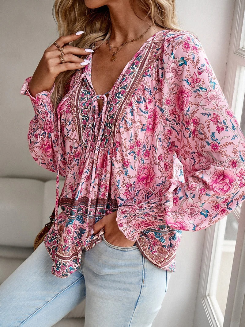 Women's V-Neck Blouse with Long Sleeves