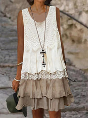 Women's Boho Dress with Round Neck and Lace Details