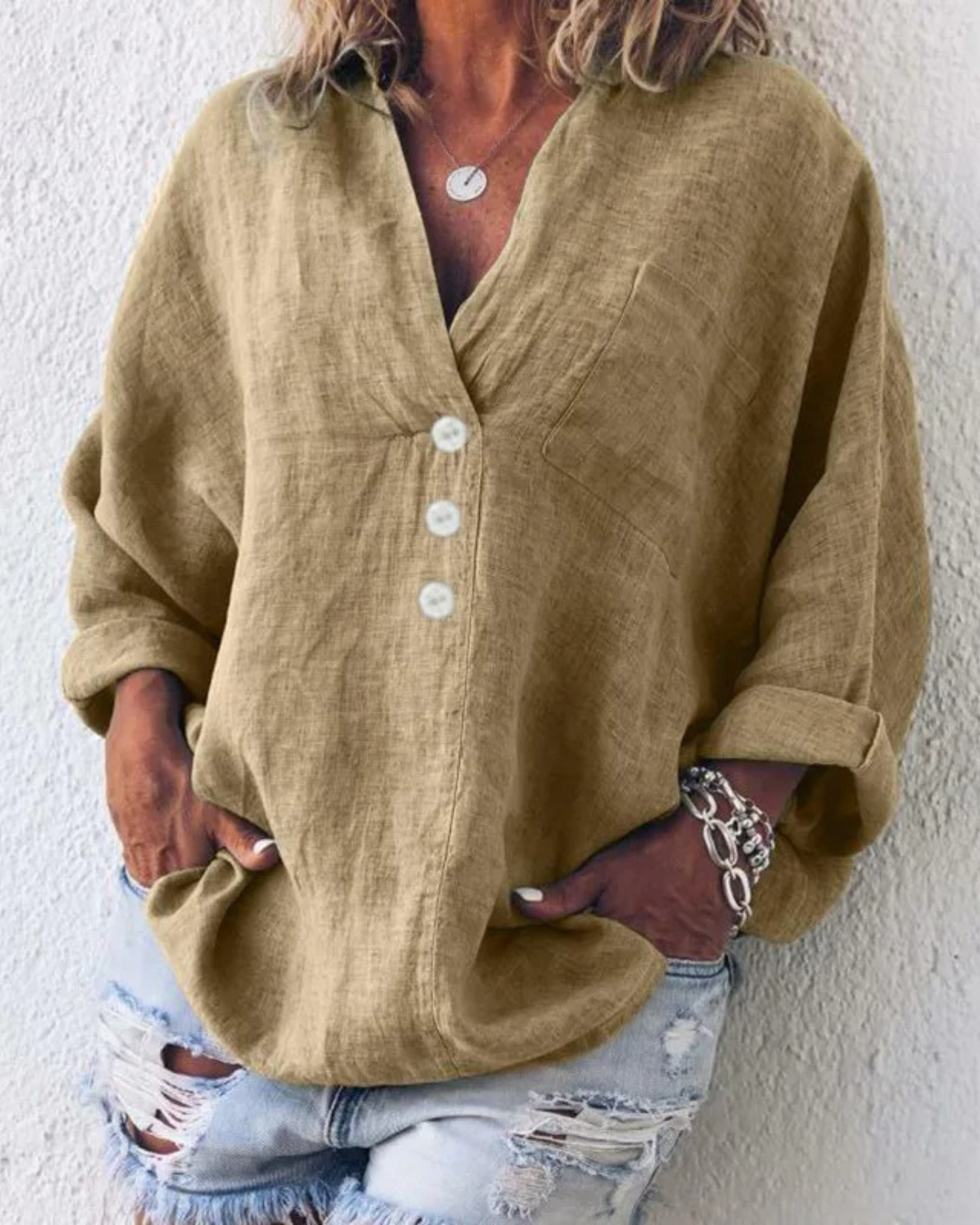 Women's V-Neck Long Sleeve Button Down Shirt