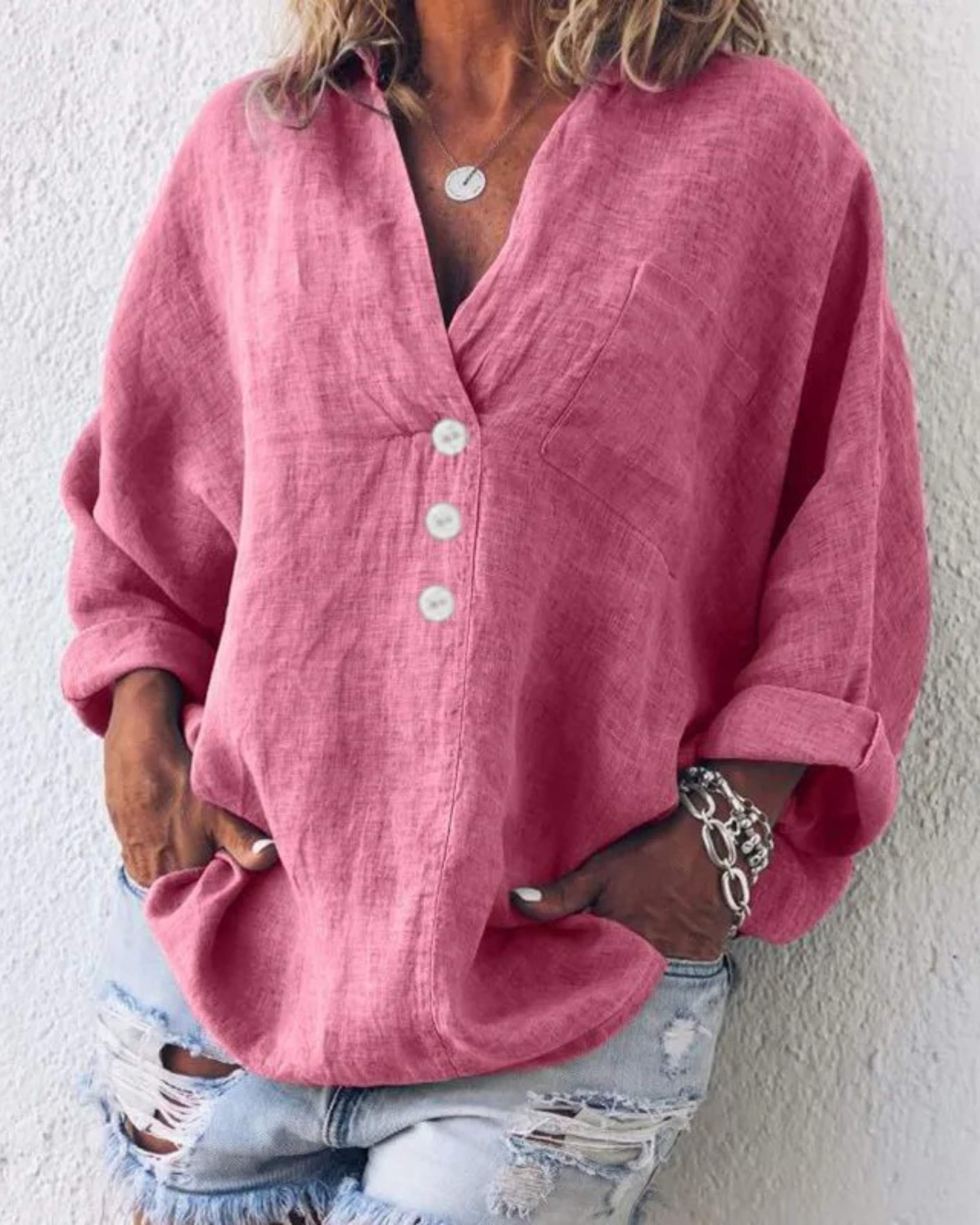 Women's V-Neck Long Sleeve Button Down Shirt