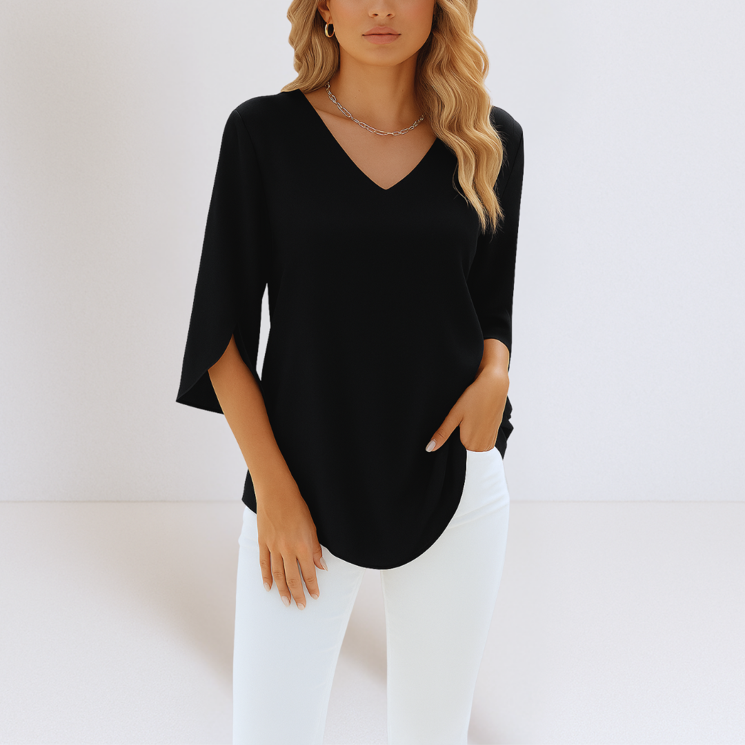 Women's Casual V-Neck Top with Three-Quarter Sleeves