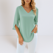 Women's Casual V-Neck Top with Three-Quarter Sleeves