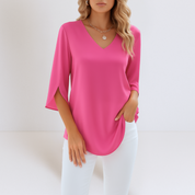 Women's Casual V-Neck Top with Three-Quarter Sleeves