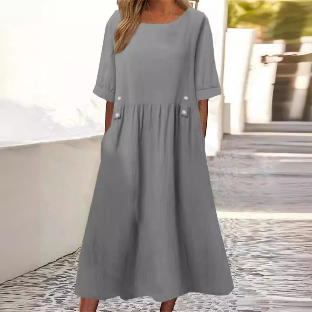 Women's Casual A-Line Dress with Pleats and Button Details