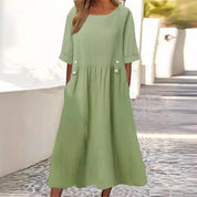 Women's Casual A-Line Dress with Pleats and Button Details