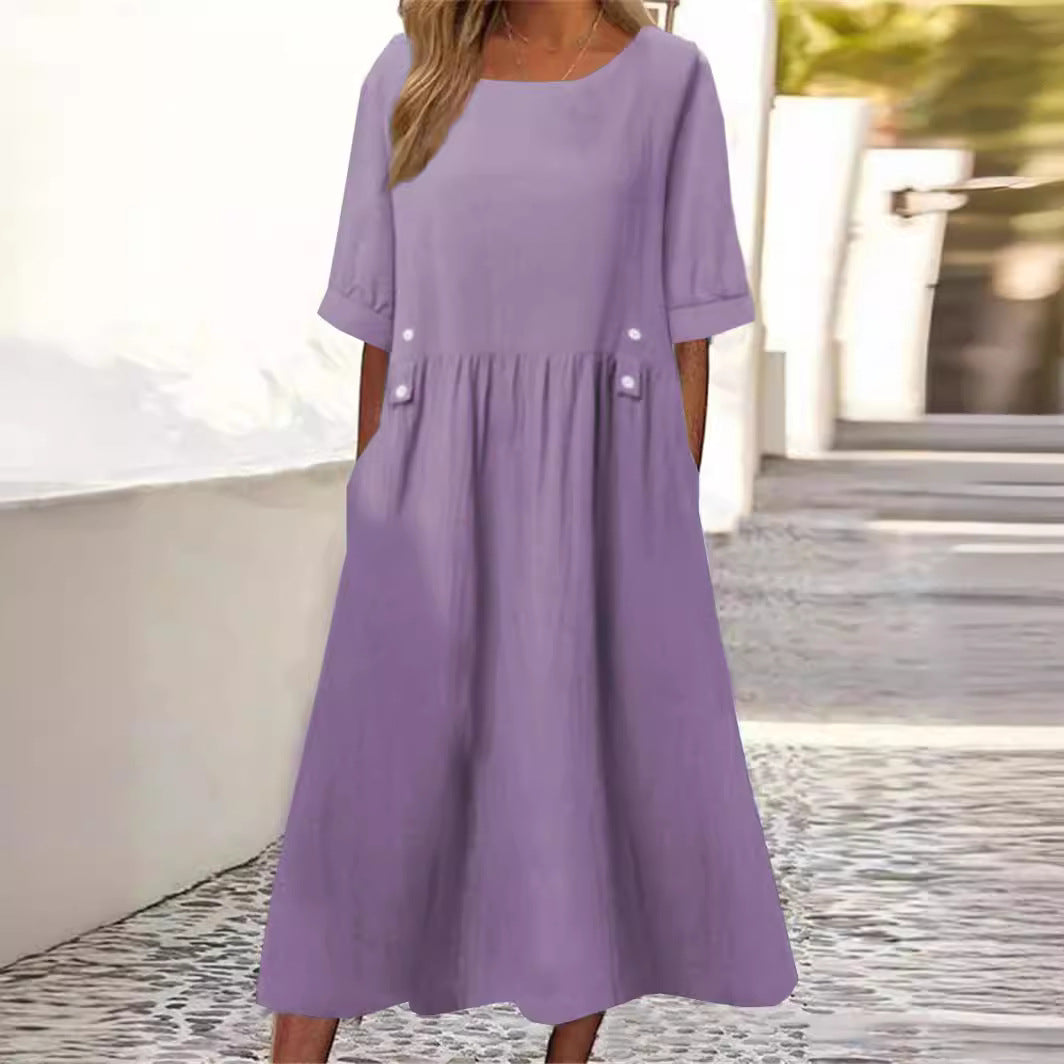 Women's Casual A-Line Dress with Pleats and Button Details