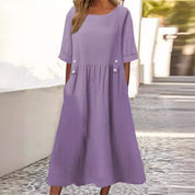Women's Casual A-Line Dress with Pleats and Button Details
