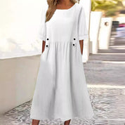 Women's Casual A-Line Dress with Pleats and Button Details