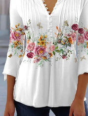 Women's Casual Button-Down Floral Blouse with V-Neck and Three-Quarter Sleeves