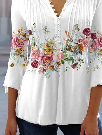 Women's Casual Button-Down Floral Blouse with V-Neck and Three-Quarter Sleeves