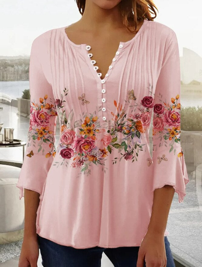 Women's Casual Button-Down Floral Blouse with V-Neck and Three-Quarter Sleeves
