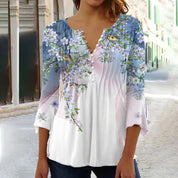 Women's Casual Button-Down Floral Blouse with V-Neck and Three-Quarter Sleeves