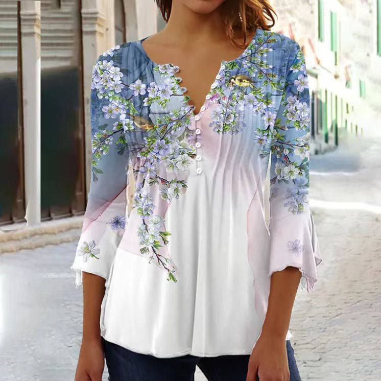 Women's Casual Button-Down Floral Blouse with V-Neck and Three-Quarter Sleeves