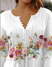 Women's Casual Button-Down Floral Blouse with V-Neck and Three-Quarter Sleeves