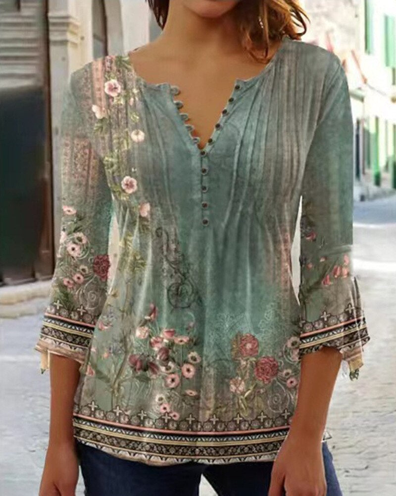 Women's Casual Button-Down Floral Blouse with V-Neck and Three-Quarter Sleeves