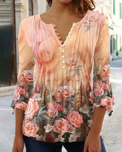 Women's Casual Button-Down Floral Blouse with V-Neck and Three-Quarter Sleeves