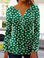 Women's Casual Button-Down Floral Blouse with V-Neck and Three-Quarter Sleeves