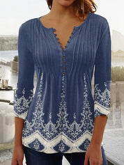 Women's Casual Button-Down Floral Blouse with V-Neck and Three-Quarter Sleeves