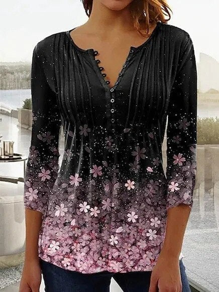 Women's Casual Button-Down Floral Blouse with V-Neck and Three-Quarter Sleeves