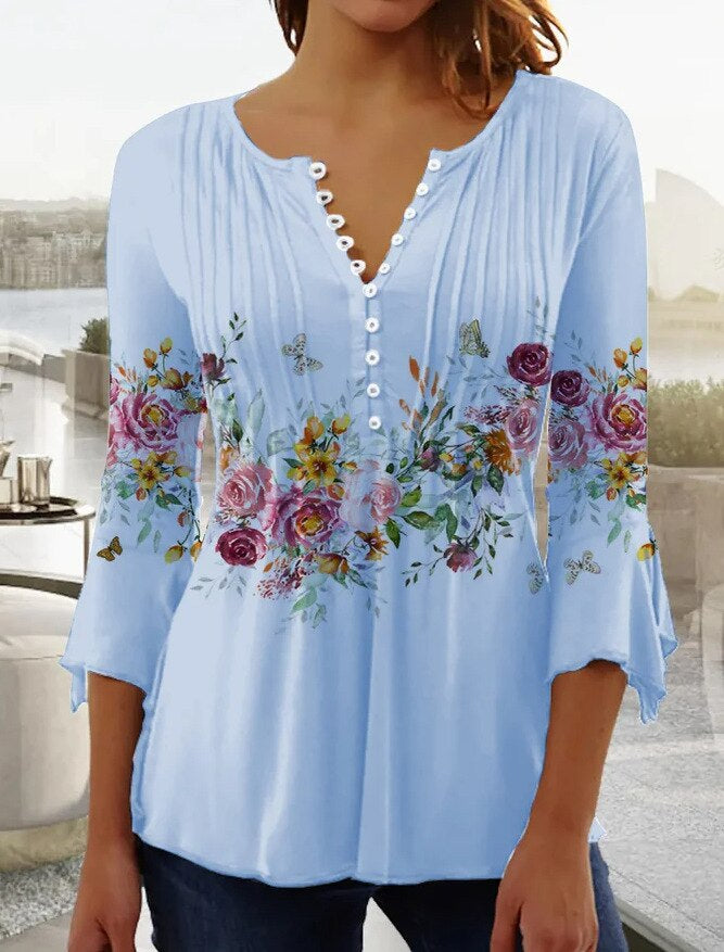 Women's Casual Button-Down Floral Blouse with V-Neck and Three-Quarter Sleeves