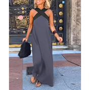 Women's Casual Maxi Dress with Bandeau Neckline and Color Block Design