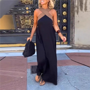Women's Casual Maxi Dress with Bandeau Neckline and Color Block Design