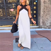 Women's Casual Maxi Dress with Bandeau Neckline and Color Block Design