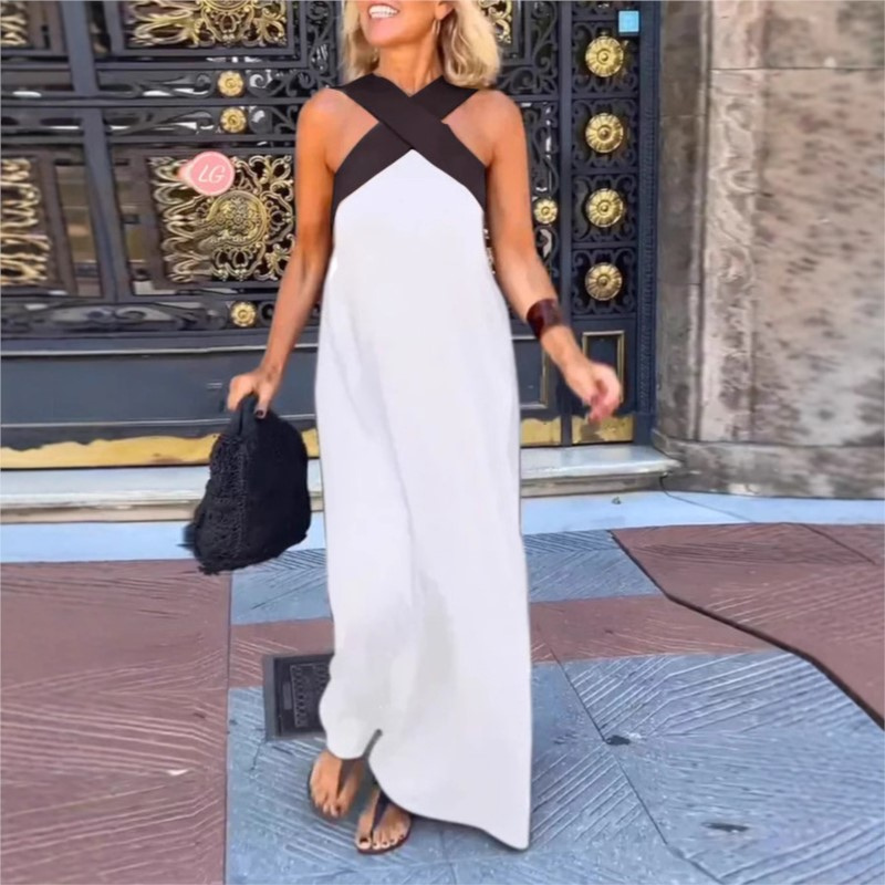 Women's Casual Maxi Dress with Bandeau Neckline and Color Block Design