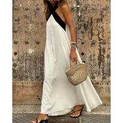 Women's Casual Maxi Dress with Bandeau Neckline and Color Block Design