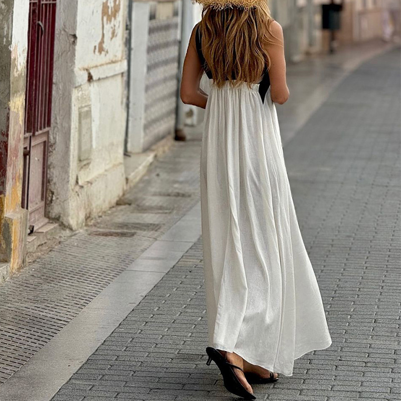 Women's Casual Maxi Dress with Bandeau Neckline and Color Block Design