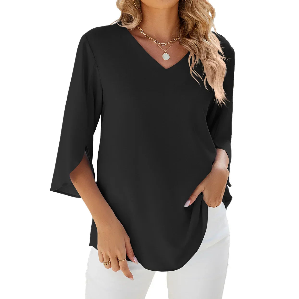 Women's Casual V-Neck Top with Short Sleeves