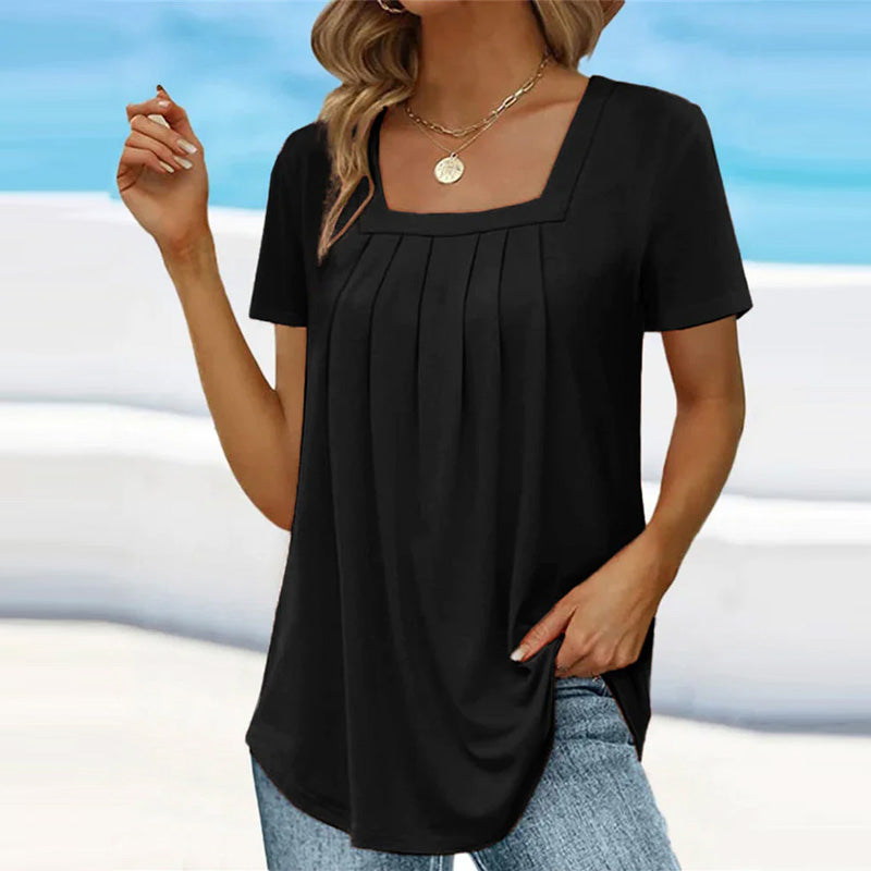 Women's casual blouse with square neckline and pleated front