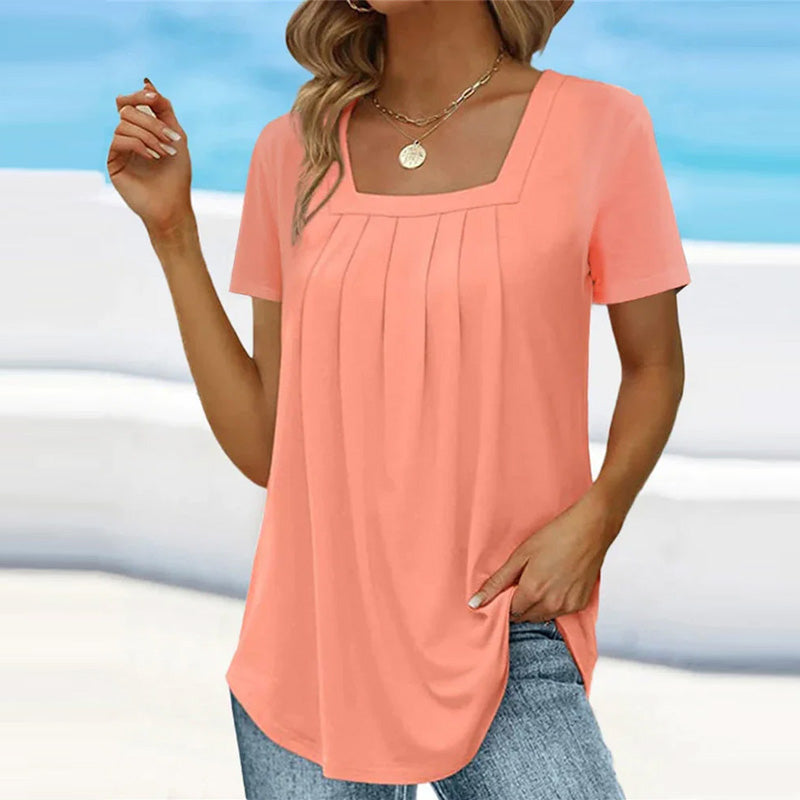 Women's casual blouse with square neckline and pleated front