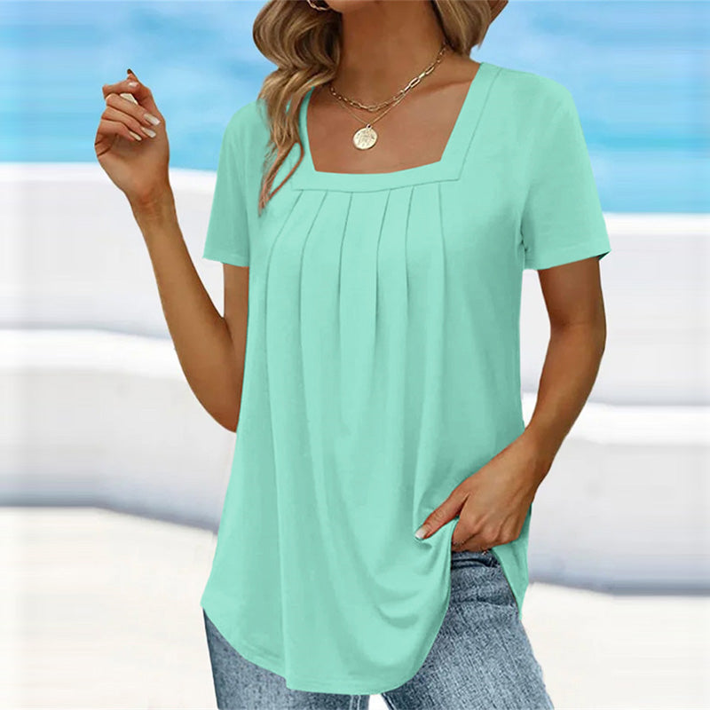 Women's casual blouse with square neckline and pleated front