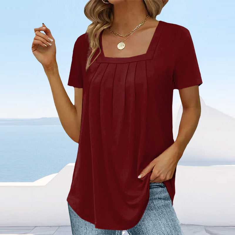Women's casual blouse with square neckline and pleated front