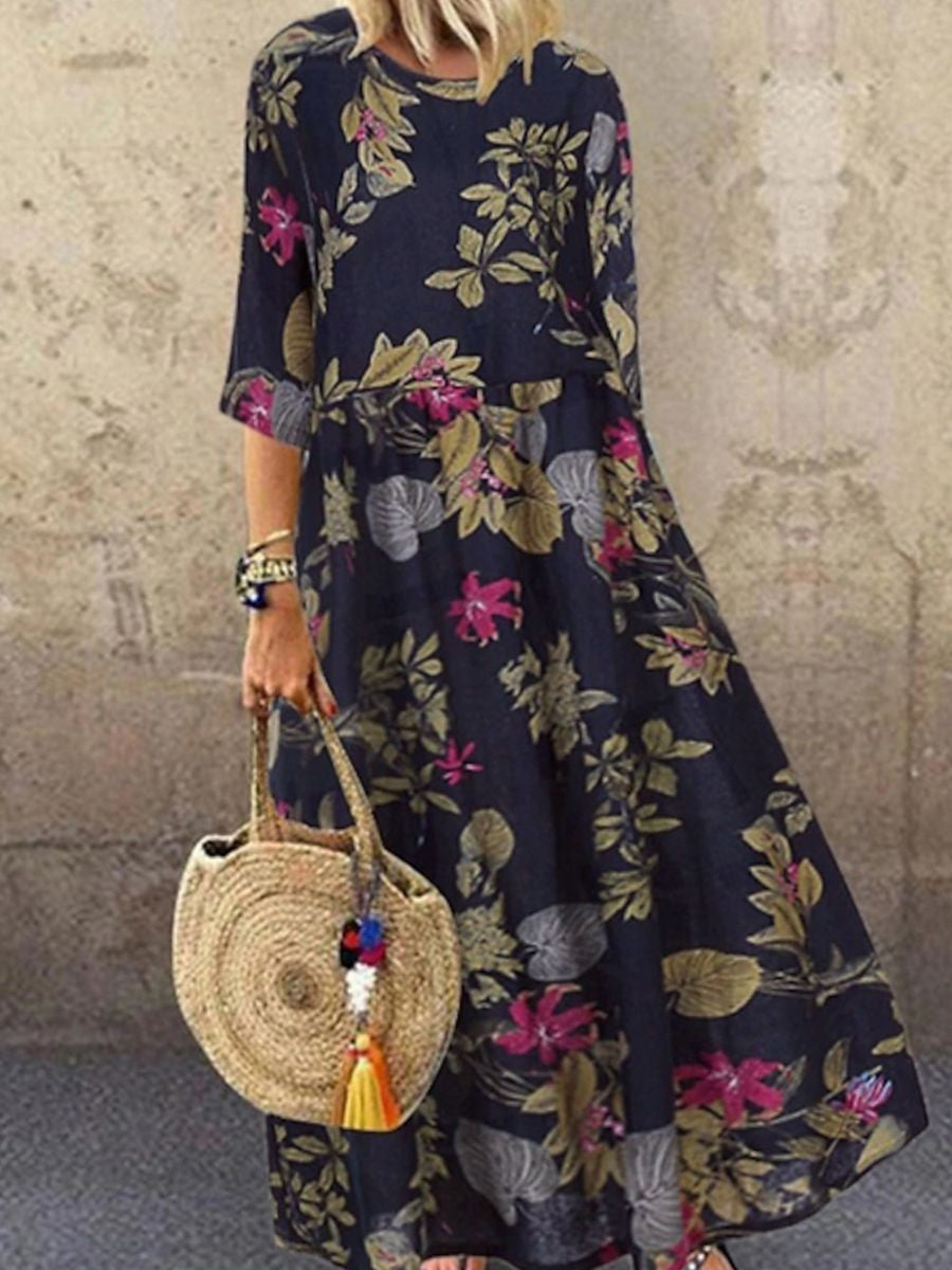 Women's Casual Dress with Floral Print and Short Bell Sleeves