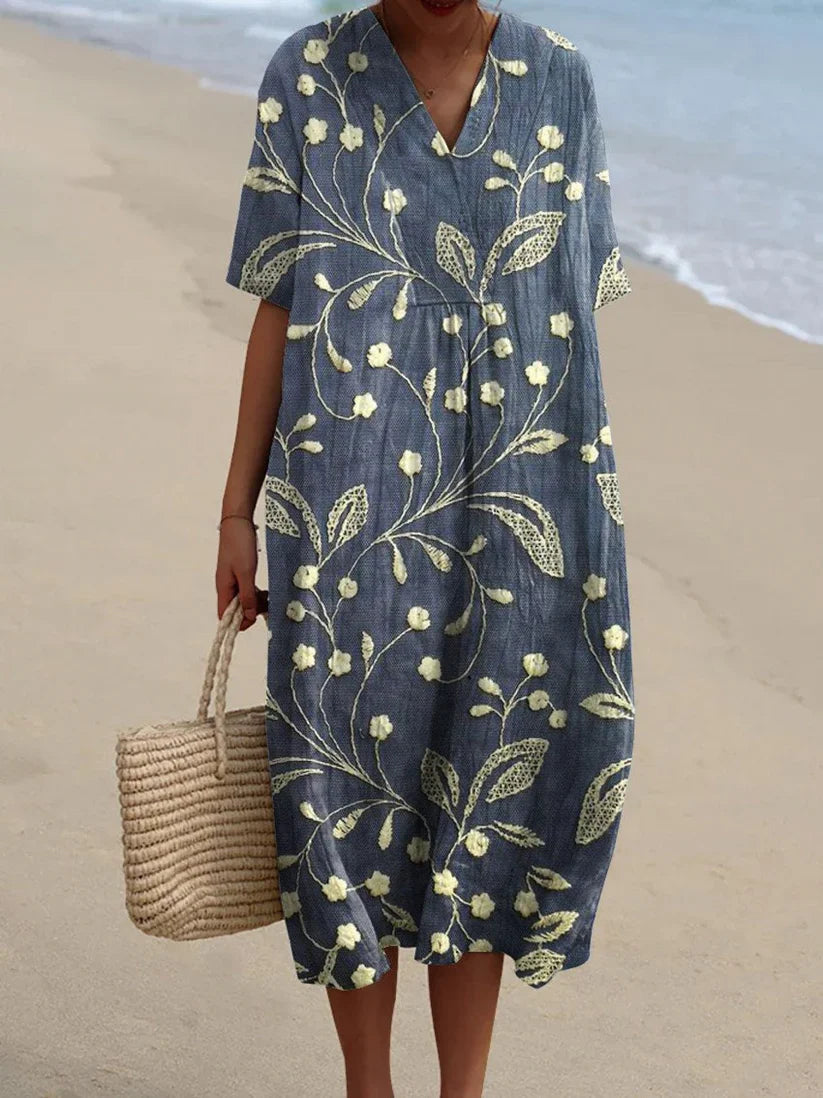 Women's Casual Dress with V-Neck and Floral Embroidery