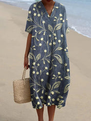Women's Casual Dress with V-Neck and Floral Embroidery